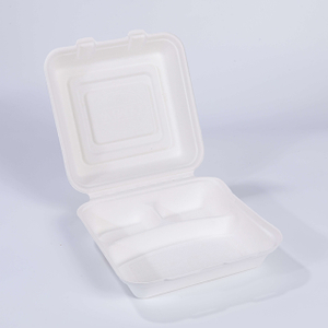 9.65"x9.65"xH2.91" (fold) 3 Compartment Biodegradable Compostable Sugarcane Take Out Hinged Container