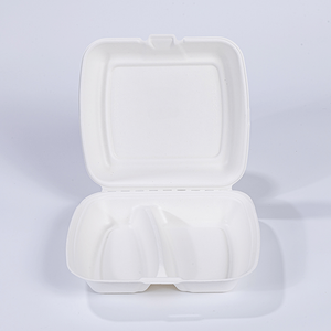 9.06"x7.92"xH2.85" (fold) 2 Compartment Compostable Bagasse Pulp Take Out Clamshell Container