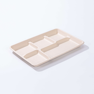 12.48"x8.5"xH0.94" Big 5 Compartment Biodegradable Compostable Bagasse Fiber Lunch Tray