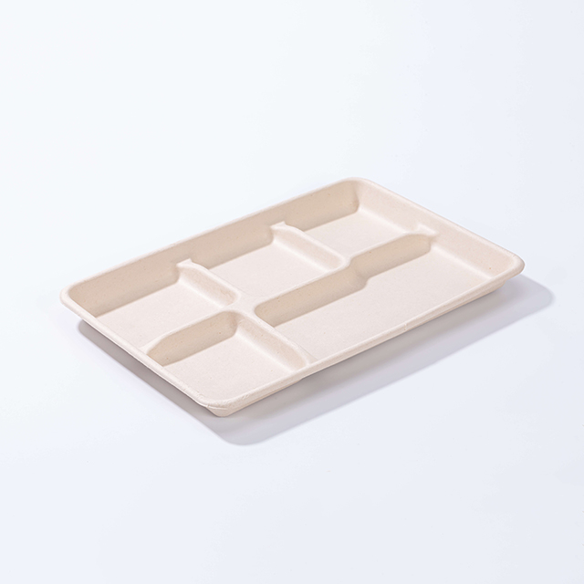 12.48"x8.5"xH0.94" Big 5 Compartment Biodegradable Compostable Bagasse Fiber Lunch Tray