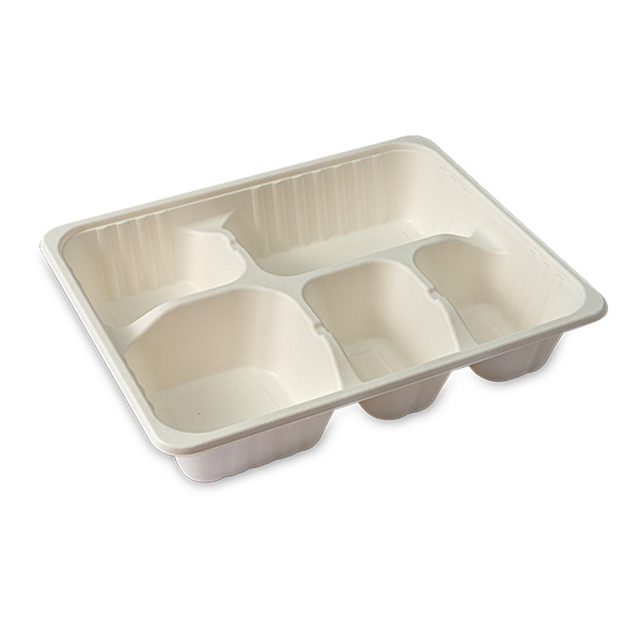 9.25"x7.87"xH1.85" 5 Compartment Disposable Compostable Sugarcane Fiber Bento Box with Lid