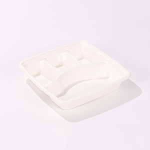 9"x9"xH1.73" 4 Compartment Square Disposable Biodegradable Compostable Fiber Take Out Tray with Lid