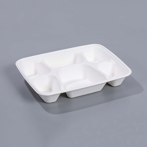 11.06"x8.27"xH1.77" 6 Compartment Disposable Biodegradable Compostable Sugarcane Fiber To Go Tray with Lid