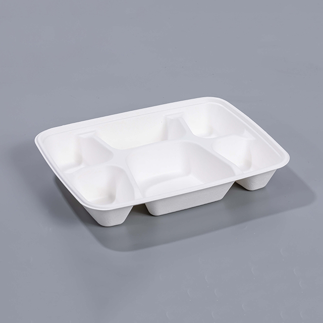 11.06"x8.27"xH1.77" 6 Compartment Disposable Biodegradable Compostable Sugarcane Fiber To Go Tray with Lid