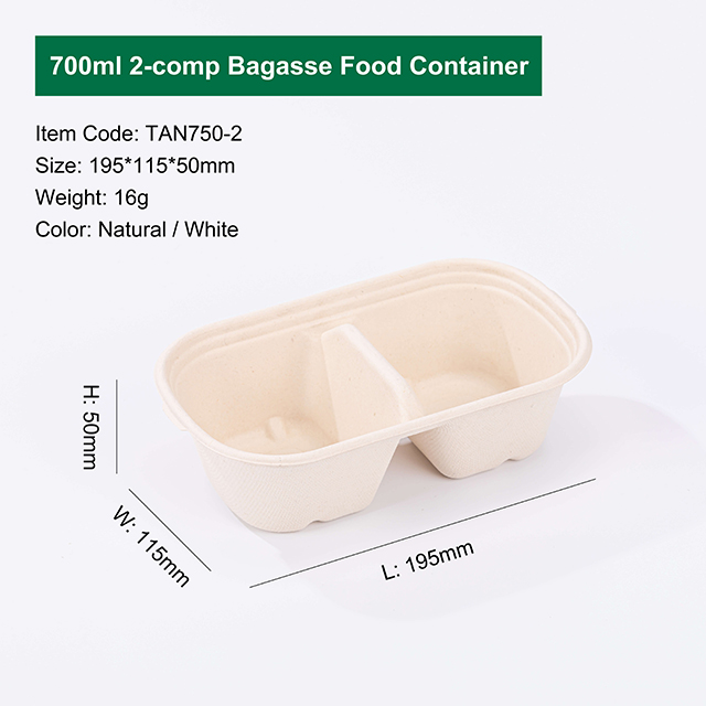 700ml 2 Compartment Compostable Bagasse Pulp Take Out Food Containers with Lid