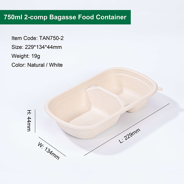 2 Compartment Compostable Sugarcane Takeaway Lunch Boxes with Lid