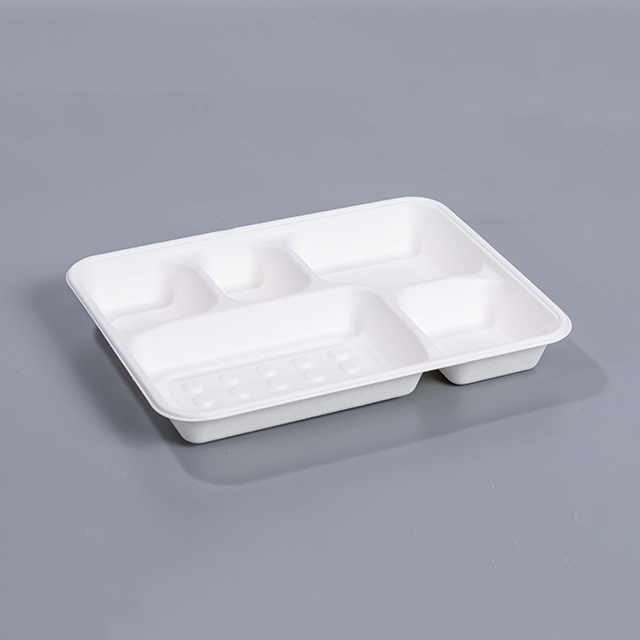 11.1"x8.66"xH1.48" 5 Compartment Disposable Compostable Fiber Lunch Tray with Lid