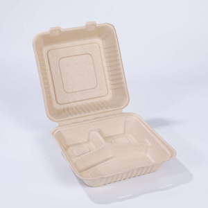 9.25"x9.06"xH3.15" (fold) 3 Compartment Disposable Compostable Bagasse Pulp Takeaway Clamshell Container