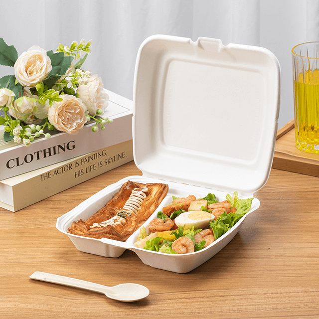 9.06"x7.92"xH2.85" (fold) 2 Compartment Compostable Bagasse Pulp Take Out Clamshell Container