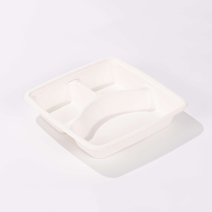 9"x9"xH1.73" 3 Compartment Square Disposable Compostable Sugarcane Pulp Take Out Tray with Lid