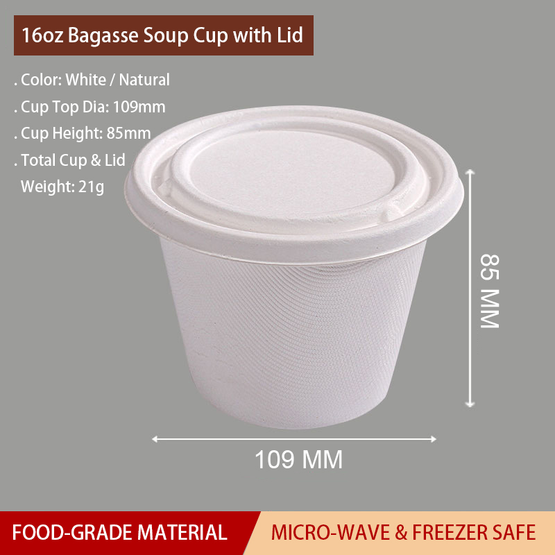 16oz Disposable Compostabe Sugarcane Soup Cup with Lid