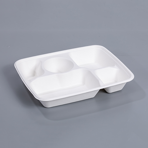 11.06"x8.7"xH1.77" 5 Compartment Biodegradable Compostable Bagasse Pulp To Go Tray with Lid