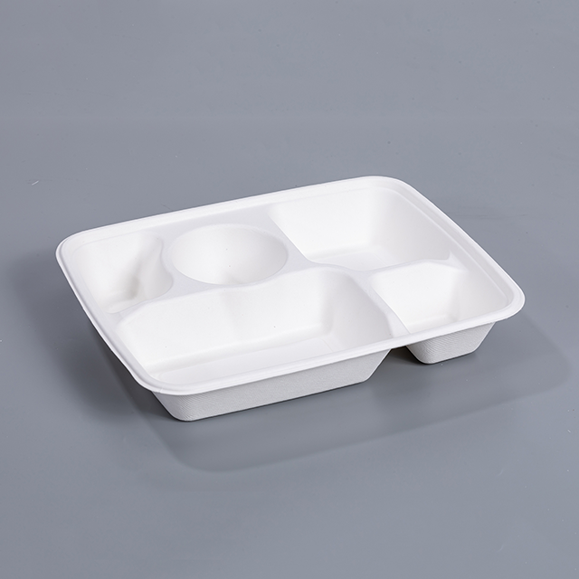 11.06"x8.7"xH1.77" 5 Compartment Biodegradable Compostable Bagasse Pulp To Go Tray with Lid