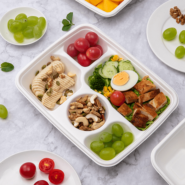 11.06"x8.7"xH1.77" 5 Compartment Biodegradable Compostable Bagasse Pulp To Go Tray with Lid