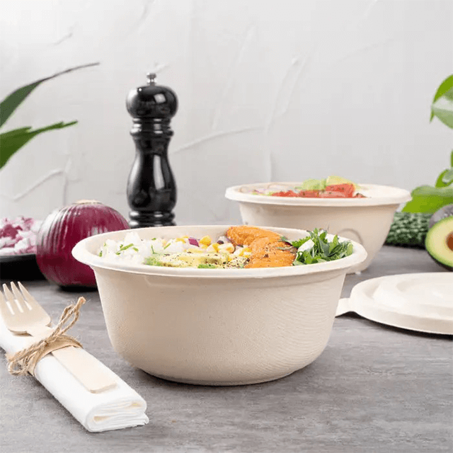 1100ml Ø7.09"xH2.95" Biodegradable Compostable Bagasse Pulp Bowl with Lid