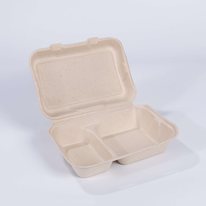 9.88"x6.54"xH2.48" (fold) 2 Compartment Biodegradable Compostable Bagasse Takeaway Hinged Lunch Box