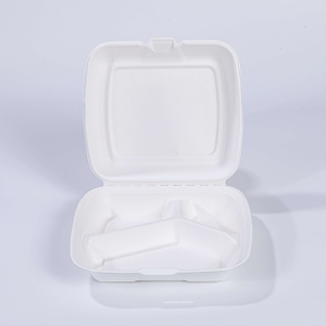 9.06"x7.92"xH2.85" (fold) 3 Compartment Disposable Compostable Sugarcane Take Out Clamshell Container