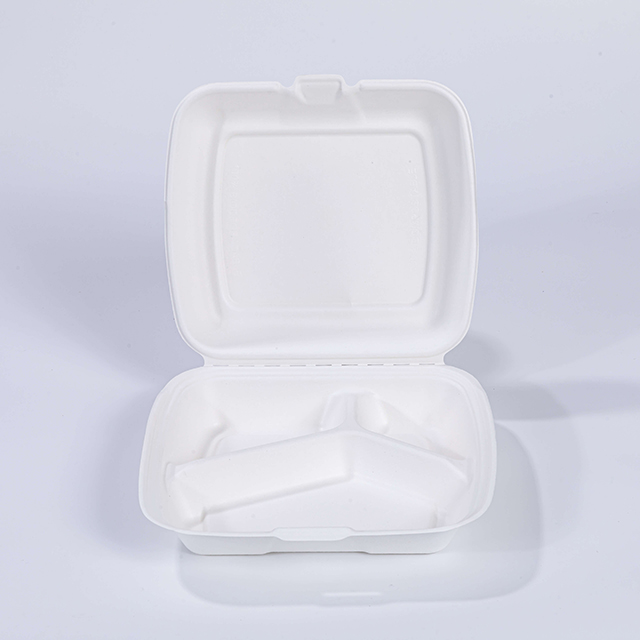 9.06"x7.92"xH2.85" (fold) 3 Compartment Disposable Compostable Sugarcane Take Out Clamshell Container