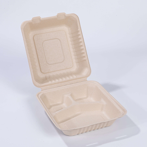 8.66"x7.87"xH3.03" (fold) 3 Compartment Disposable Compostable Sugarcane Pulp To Go Clamshell Container