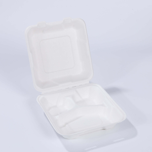 8.07"x8.07"xH2.56" (fold) 3 Compartment Disposable Biodegradable Compostable Bagasse Take Out Hinged Container