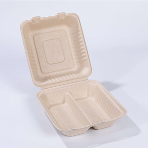 8.66"x7.87"xH3.03" (fold) 2 Compartment Compostable Sugarcane Fiber To Go Clamshell Container