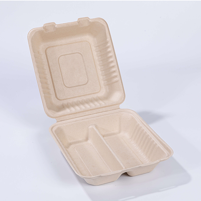 8.66"x7.87"xH3.03" (fold) 2 Compartment Compostable Sugarcane Fiber To Go Clamshell Container