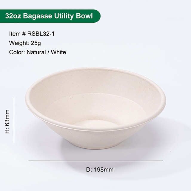 32oz Disposable Compostable Sugarcane Pulp Ramen Bowl with Lid