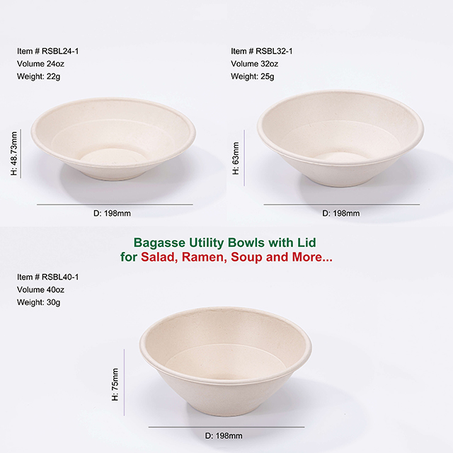 24oz Compostable Sugarcane Fiber Salad Bowl with Lid